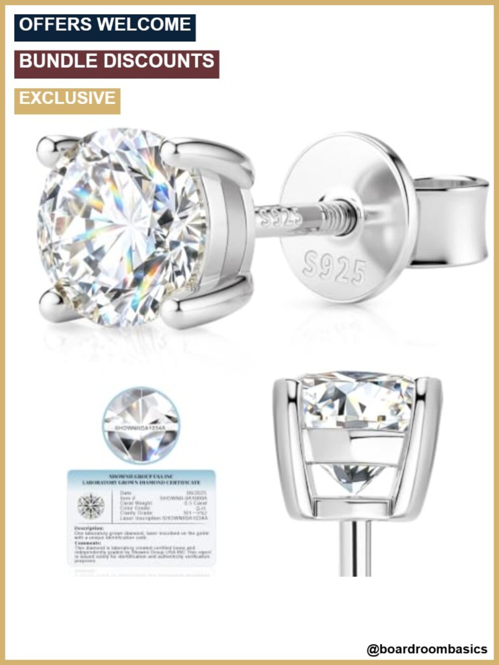 Lab Grown Diamond Stud Earrings 1 CTW Screw Back S925 14K Gold Plated